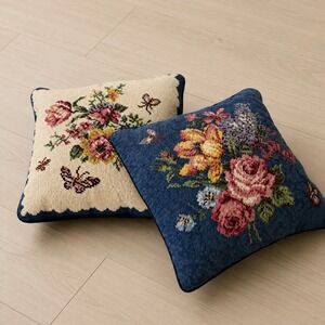 Vintage Williamsburg Floral Butterfly Needlepoint Blue Velvet Pillow Set of 2
